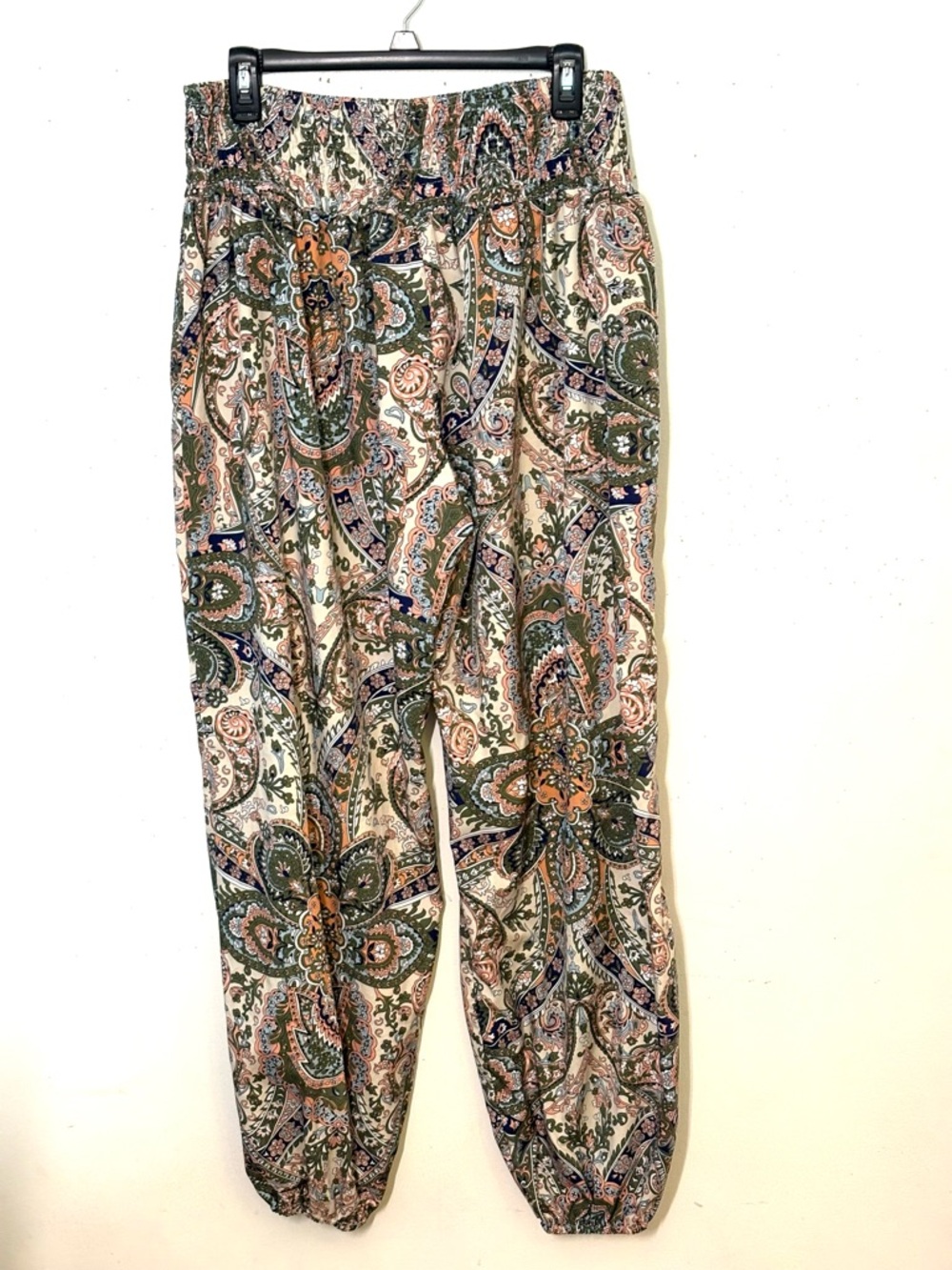 Paisley Print Elastic Waist Harem Pants - Green & Peach. Size XL. NWT.